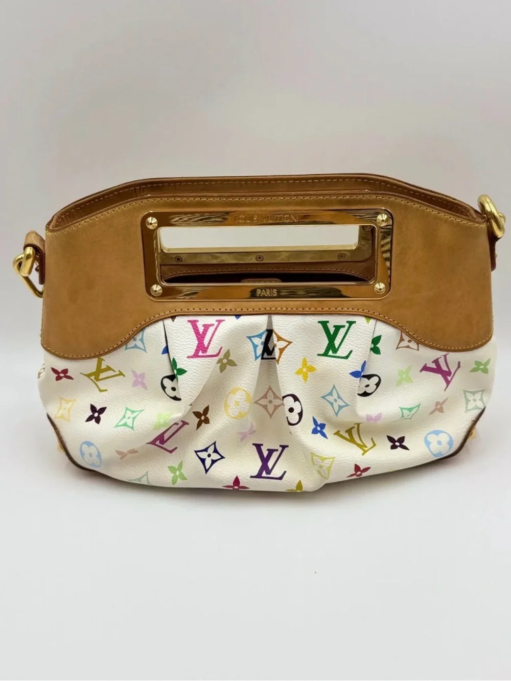 Louis Vuitton White Multicolor Monogram Shoulder Bag with Tan Trim